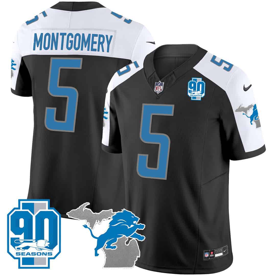 Men Detroit Lions 5 Montgomery Black 2024 Nike 90th Year Michigan Patch Vapor NFL Jersey